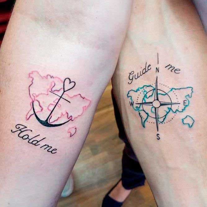 Two tattoos representing the world map with an anchor and a compass Two tattoos representing the world map with an anchor and a compass