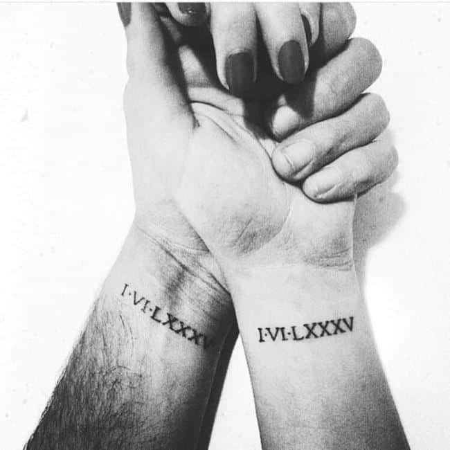 Two tattoos on the wrist representing an important date for the couple Two tattoos on the wrist representing an important date for the couple