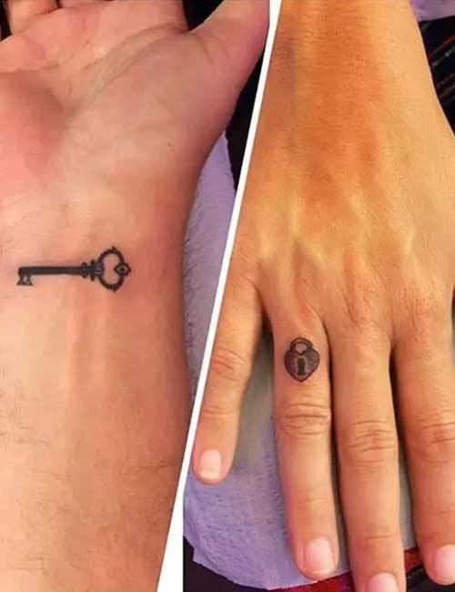Two tattoos representing a key on one side and a lock on the other Two tattoos representing a key on one side and a lock on the other
