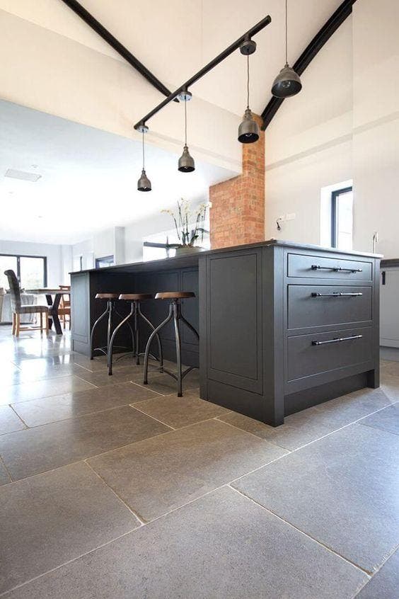 A modern kitchen with offset tiles